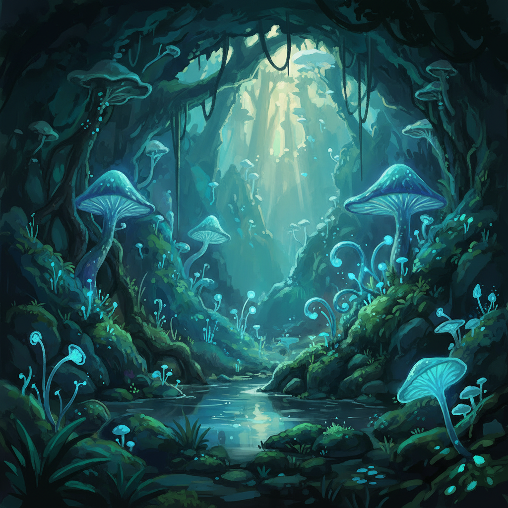 Mystical teal forest grotto with bioluminescent plants