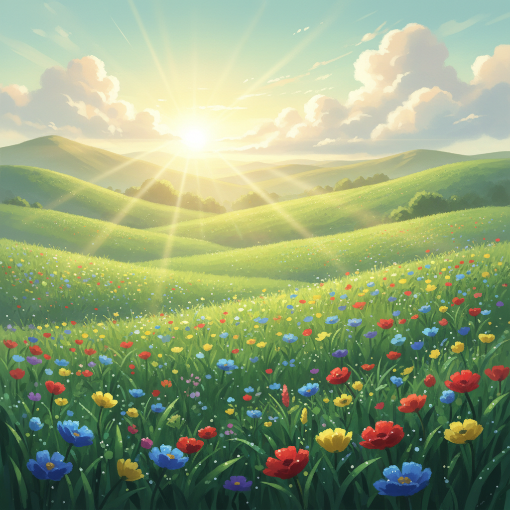 Bright green meadow at sunrise with wildflowers