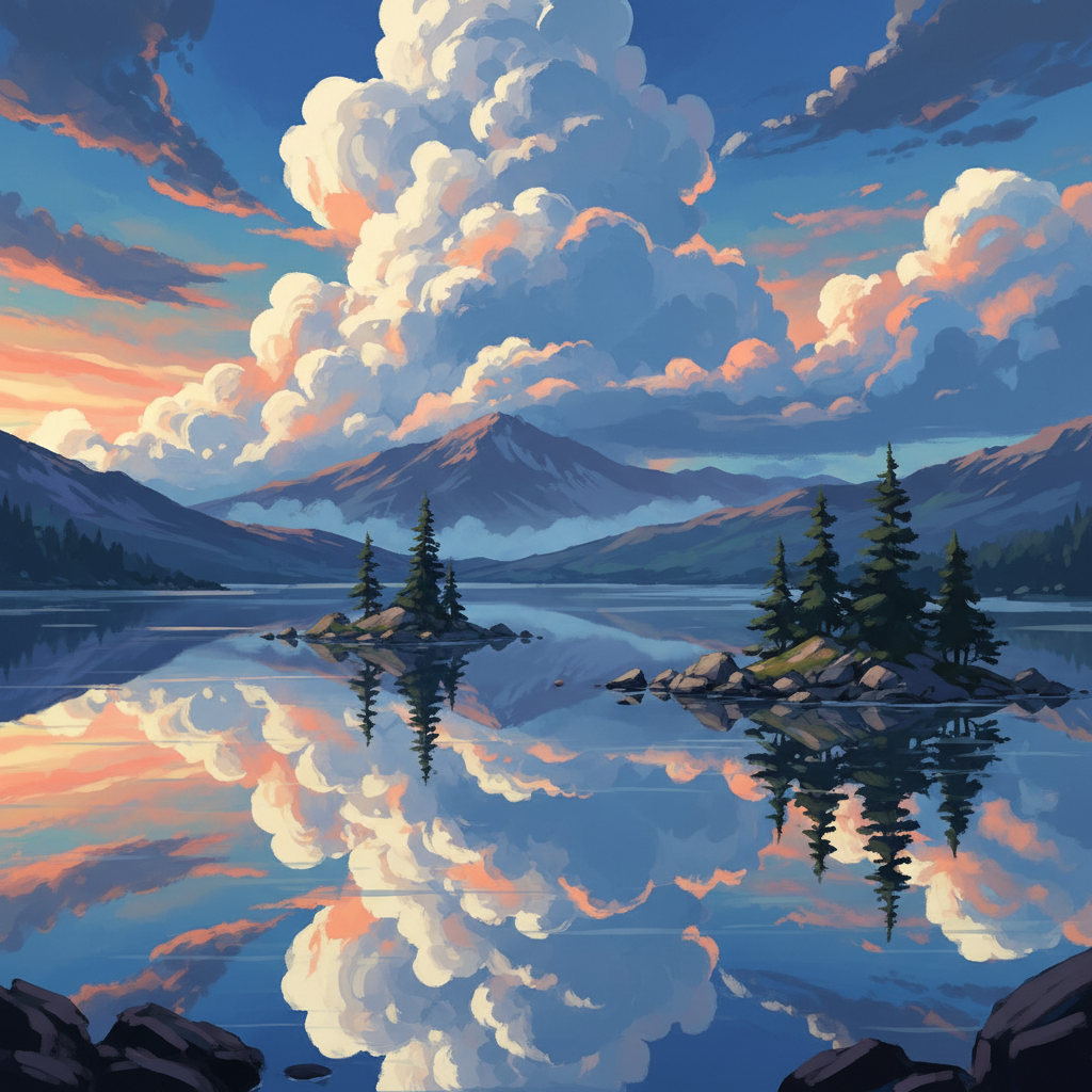 Dramatic sky with clouds reflected over a serene mountain lake