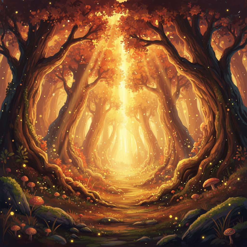 Warm golden enchanted forest with sunlight filtering through trees