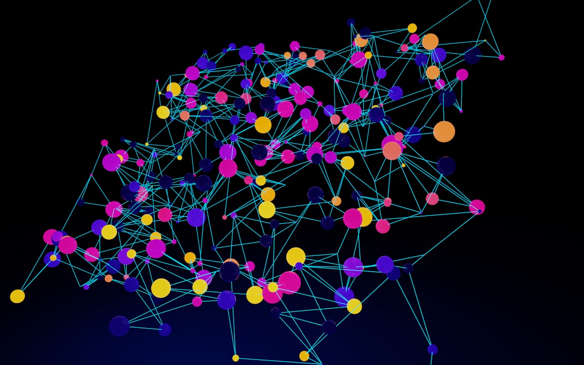 Abstract network of interconnected nodes representing personality traits and relationship patterns